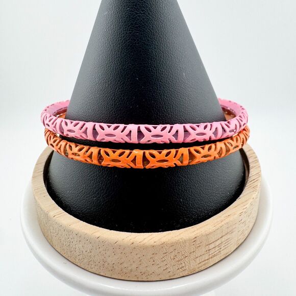 Vintage Orange Pink Enamel (2) Bangle Bracelets Cut-Out Design Retro Stackable - Picture 6 of 8
